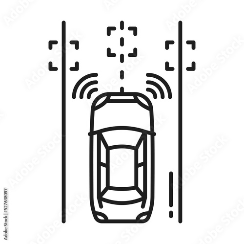 Driverless car icon or self driving vehicle on road, vector autonomous car technology. Self driving car or automatic driverless vehicle with navigation sensors, lidars and road lane traffic controls