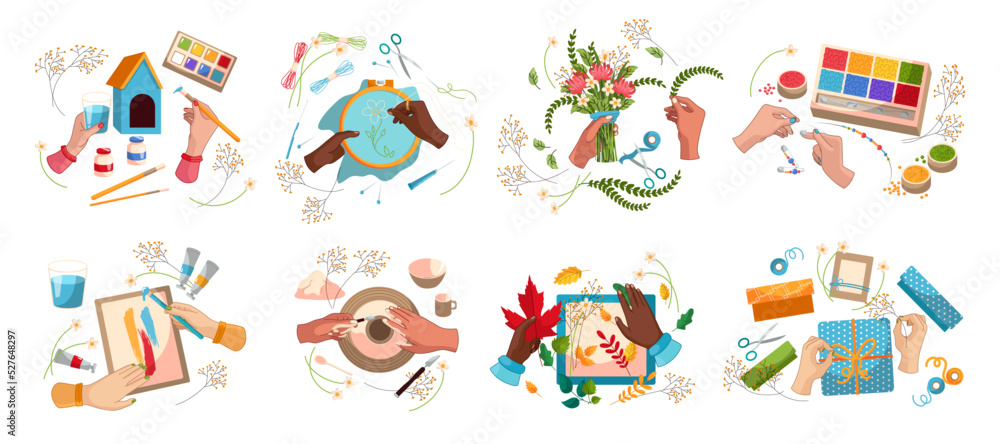 Hands doing creative decorations cartoon illustration set. Craftsmen painting, decorating scrapbook, embroidering, making beaded bracelet. DIY, handicraft, art, handcraft, leisure activity concept Hands doing creative decorations cartoon illustration set. Craftsmen painting, decorating scrapbook, embroidering, making beaded bracelet. DIY, handicraft, art, handcraft, leisure activity concept