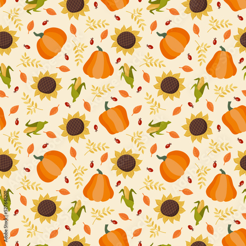 Vector seamless pattern with autumn pumpkins, sunflowers and corn cobs for backgrounds, apparel design, cards, gift wrapping paper, home decor. Thanksgiving flat style vector illustration.