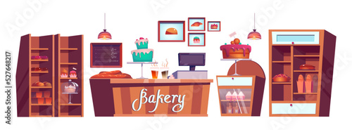 Fototapeta Naklejka Na Ścianę i Meble -  Interior of empty cozy bakery cartoon illustration set. Cafe shop with wooden furniture, desk and shelves. Large assortment of fresh cakes on display stands. Retail, production, service concept