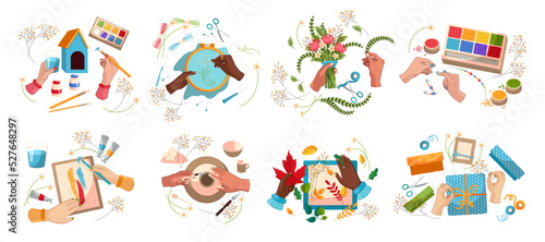 Hands doing creative decorations cartoon illustration set. Craftsmen painting, decorating scrapbook, embroidering, making beaded bracelet. DIY, handicraft, art, handcraft, leisure activity concept