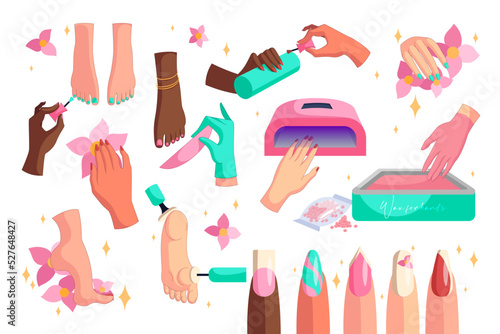 Hands and feet with nail art flat vector illustrations set. Cartoon drawings of female hands and feet with manicure and pedicure isolated on white background. Nail art, beauty salon, cosmetics concept