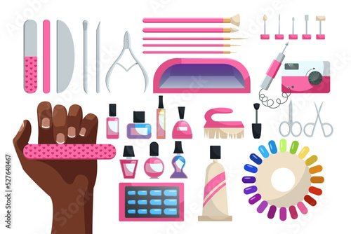 Manicure equipment or tools vector illustrations set. Cartoon drawings of female hand, different accessories and products for nail art, nail polish, file, scissors. Manicure, beauty salon concept