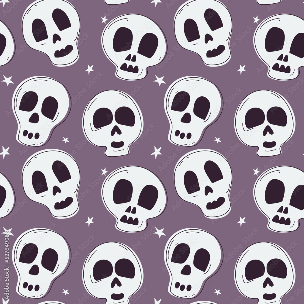 Seamless pattern with cute skulls Halloween symbols. Hand-drawn vector illustration.