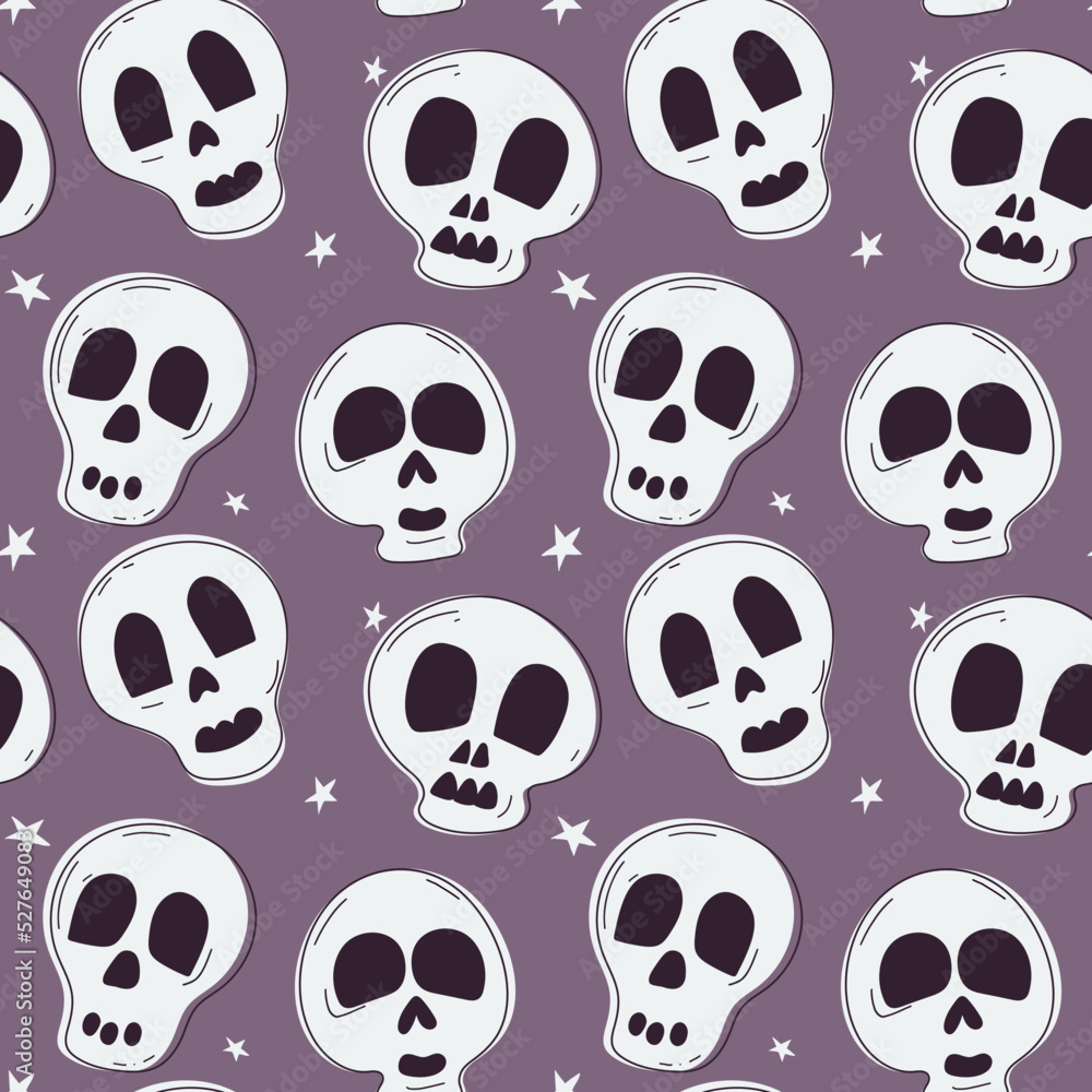 Seamless pattern with cute skulls Halloween symbols. Hand-drawn vector illustration. Seamless pattern with cute skulls Halloween symbols. Hand-drawn vector illustration.