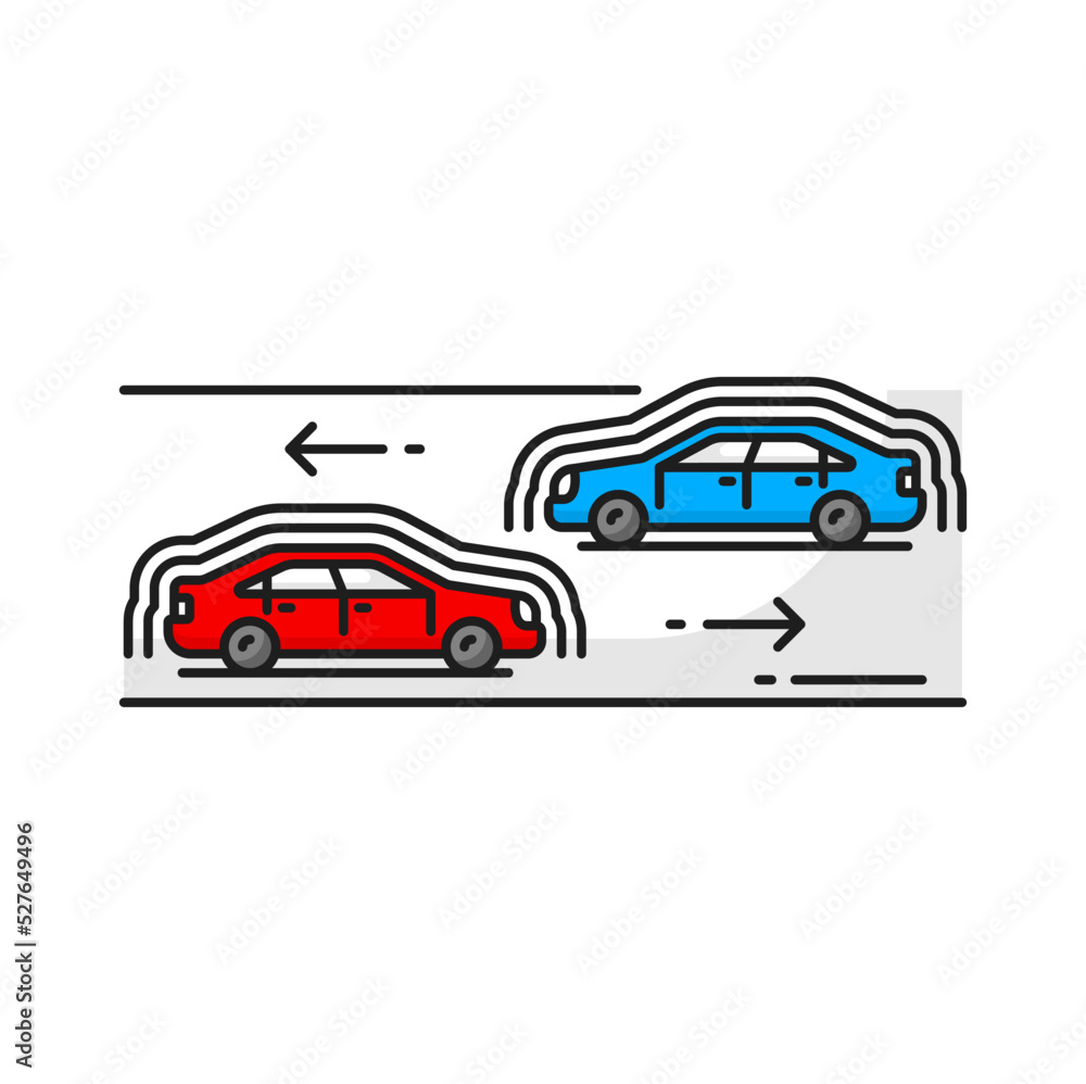 Driverless autonomous self driving cars on road. Vector self driving vehicles with radar sensing system. Driver less automobiles and ultrasonic signals Driverless autonomous self driving cars on road. Vector self driving vehicles with radar sensing system. Driver less automobiles and ultrasonic signals