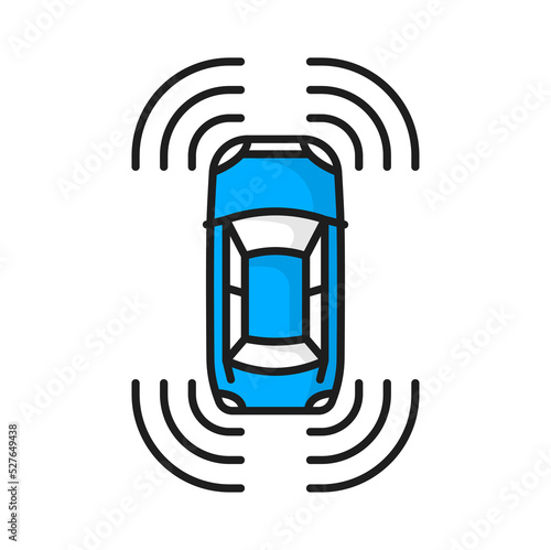 Autonomous car parking, isolated self driving vehicle with radar sensing system. Vector driverless automobile parking. Traffic monitoring system