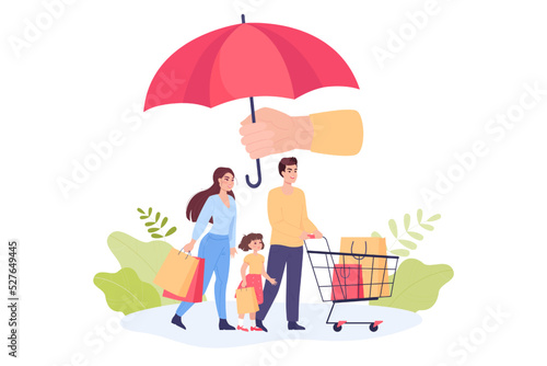 Family with shopping bags standing under umbrella. Consumer rights protection flat vector illustration. Defense, law, safety, justice, privacy, commerce, regulation concept