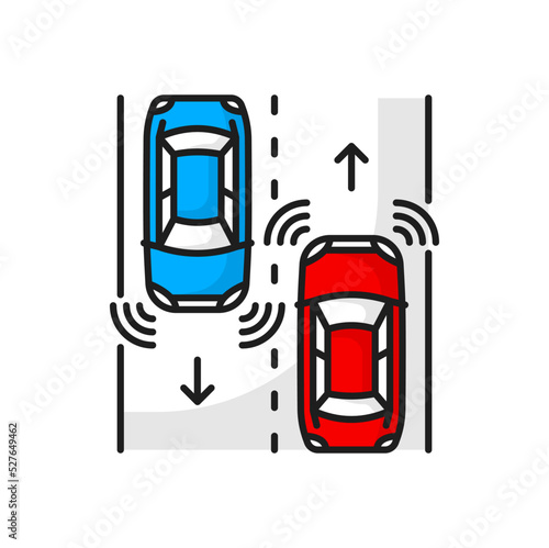 Autonomous driverless cars on road in traffic, self driving vehicles with radar sensing system. Vector driver less automobiles and ultrasonic signals
