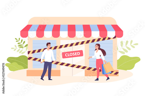 Businessmen closing store due to bankruptcy. Small business hitting by pandemic, corona or coronavirus flat vector illustration. Failure, economy, retail, commerce, economic crisis concept photo