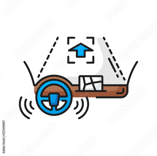 Driverless autonomous car on road, self driving vehicle with radar sensing system driving front, direction arrow. Vector ai controlled automobile