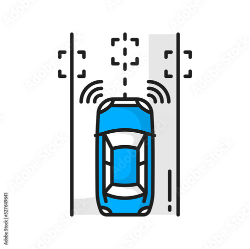 Driverless autonomous car on road, self driving vehicle with radar sensing system. Vector electric automobile on autopilot, traffic monitoring system