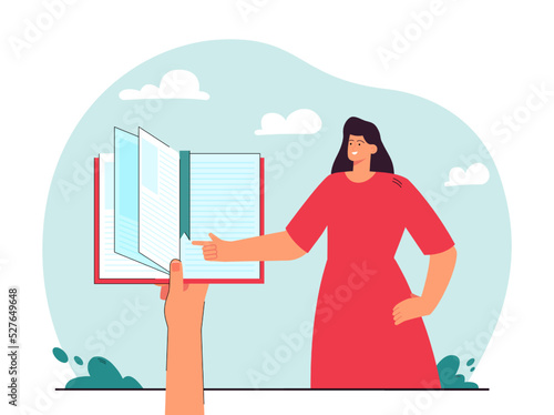 Woman pointing at big hand holding book, notebook or planner. Mother or teacher checking homework flat vector illustration. Literature, education, information concept for banner or landing web page