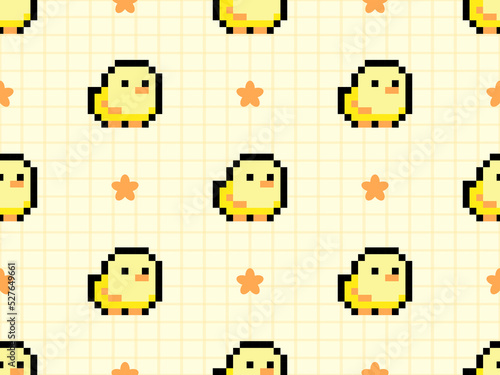 Chick cartoon character seamless pattern on yellow background. Pixel style