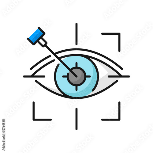 Eye laser surgery, ophthalmology lasik treatment icon, vector vision medical correction. Eye laser surgery line icon for cornea disease or myopia operation on retina, refractive eyesight correction