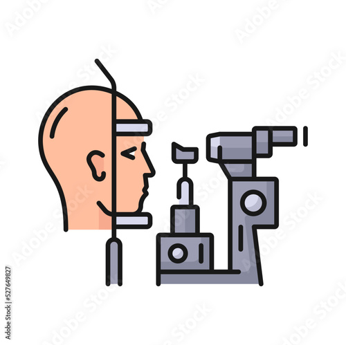 Phoropter, eye ophthalmology diagnostic and optometry test, vector icon. Phoropter refractor and patient, optometrist optical diagnostic device for eyesight and eye vision examination