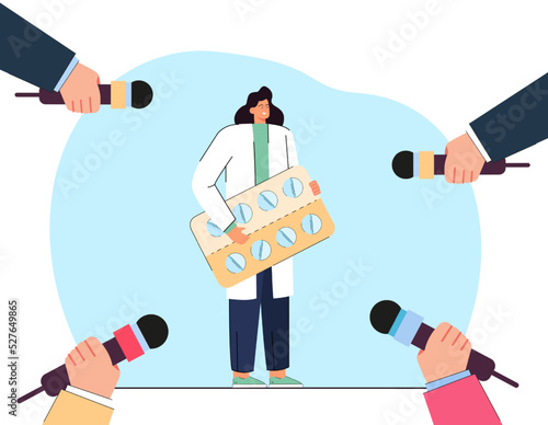 Journalists interviewing tiny doctor holding huge blister pack. Hands pointing microphones at medical professional flat vector illustration. Medicine, pharmacy, health, journalism concept for banner