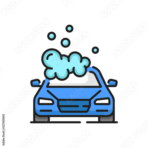 Car wash icon, auto clean service and care vector pictogram of soap and water bubbles. Car hand wash service or automatic cleaner and waxing polish or washer station, line sign