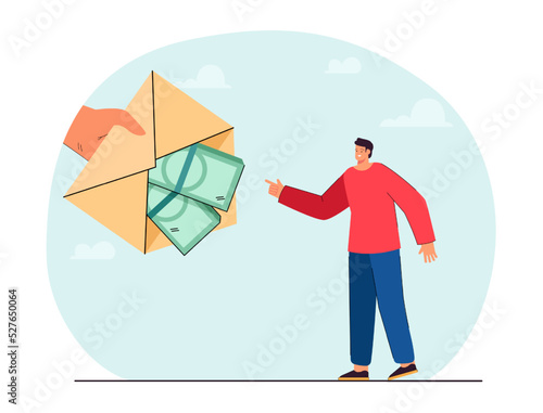 Huge hand giving envelope with money to tiny man. Happy person pointing at banknotes in letter flat vector illustration. Finances, salary, banking concept for banner, website design or landing page