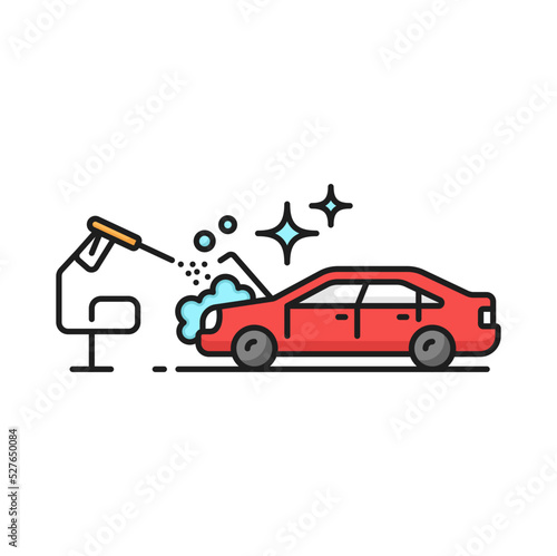 Car care icon, engine cleaning auto service, line vector of vehicle wash or pressure washer. Car care station for engine celaning and motor washing with pressure cleaner, carwash garage icon