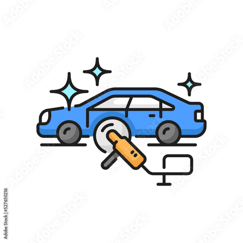 Car care icon, wash cleaning or wax polish service, carwash vector line symbol. Car care icon of varnishing, scratch restoration and refurbish polishing, car maintenance service linear pictogram