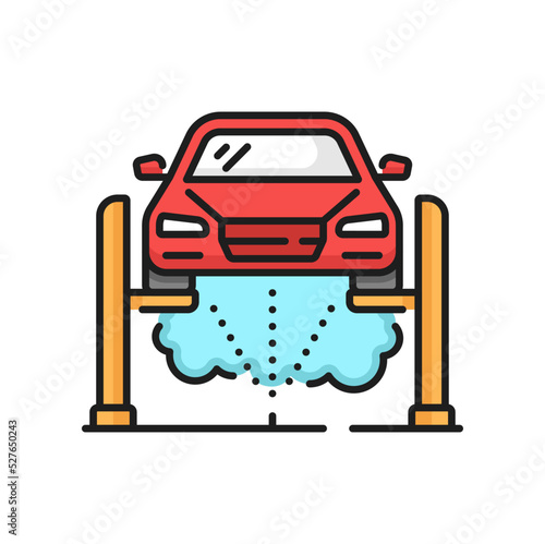 Car care icon, undercarriage wash service and underside auto cleaning, carwash vector symbol. Car wash icon of pressure washer station for undercarriage and vehicle underside clean maintenance