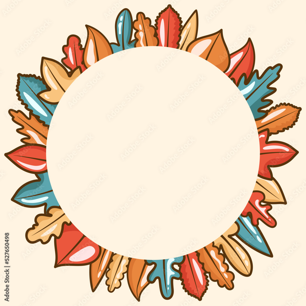Autumn leaves frame, circular shape with different kind of leaves around, copy space. Cute vector illustration in flat cartoon style, banner template
Background with circle for your text.
Photo frame.