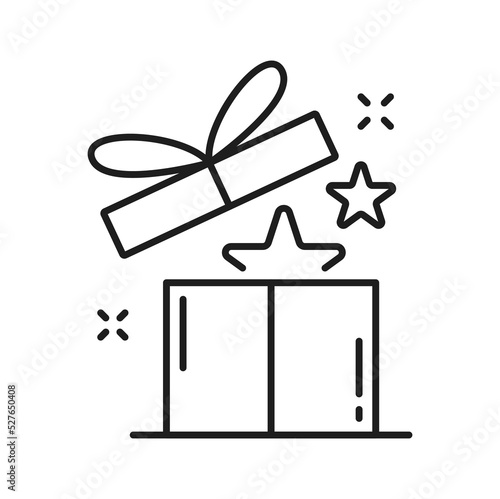 Customer loyalty affiliate program, vector present box outline icon. Consumer reward, client discount concept, online shopping sale bonus