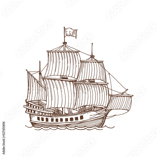 Brigantine vintage sailing ship boat with canvas isolated sketch icon. Boat vintage icon, seafarer vessel on sea or ocean waves. Pirate sailboat with canvas