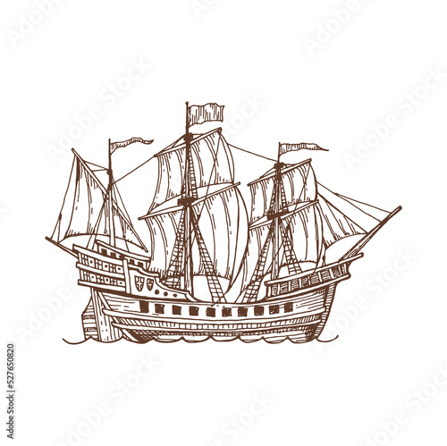 Brigantine sail ship, sailboat old vessel vintage sketch icon. Vector retro galleon nautical ship, retro sea transportation vessel, sail boat