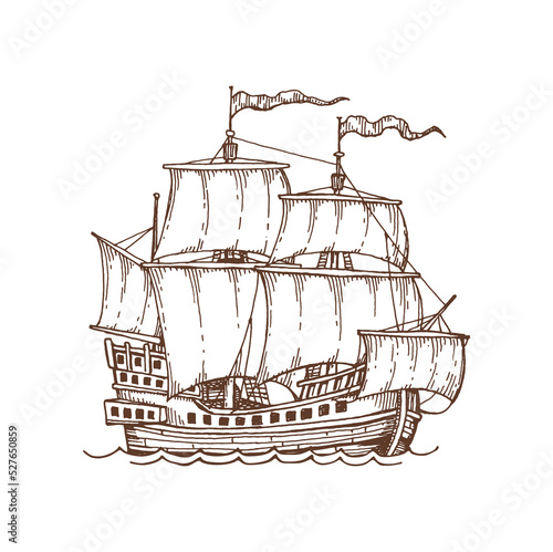 Isolated brigantine, vintage sail ship sailboat vessel sketch icon. Vector nautical vessel galleon, sailboat war ship on sea ocean waves