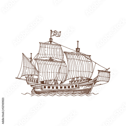Vintage british warship brigantine sailboat ship on sea ocean waves sketch icon. Vector vintage brigantine old nautical vessel with canvas, sailing ship