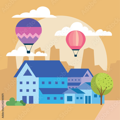 blue houses and balloons air hot
