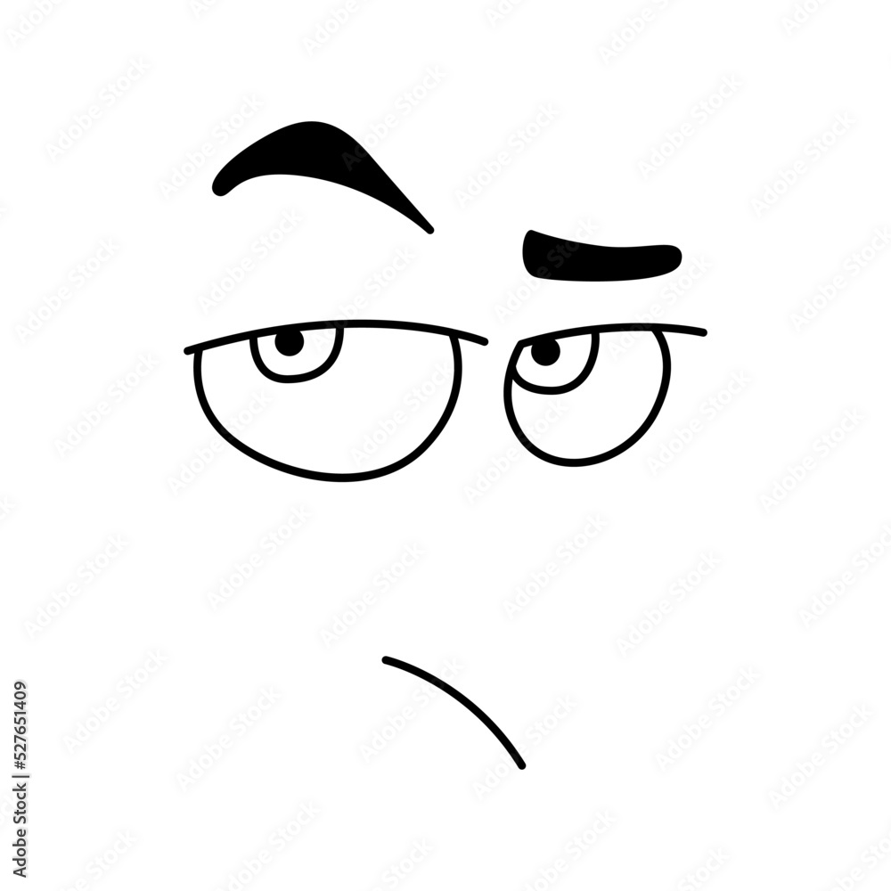 Offended smile emoticon emoji icon. Vector line art cartoon comic smiley eyes with suspicious mouth Offended smile emoticon emoji icon. Vector line art cartoon comic smiley eyes with suspicious mouth