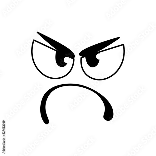 Angry smile face, eyes and mouth line emoticon. Vector cartoon emoji or comic smiley with disgruntled expression