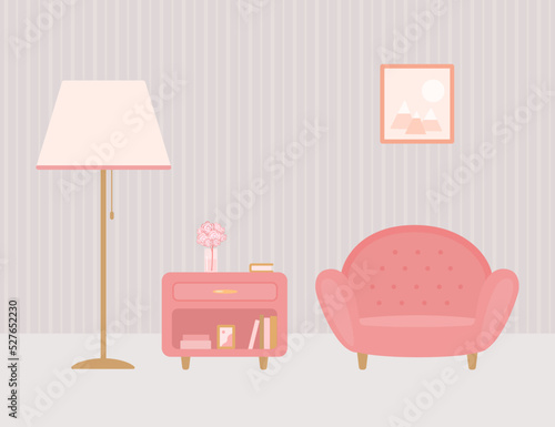 Cozy soft pink armchair and nightstand. Home interior concept. Cartoon flat style. Vector illustration