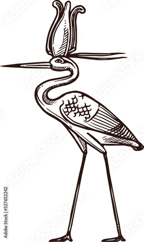 Bennu heron sketch, Ancient Egypt deity and mythology bird, vector icon. Ancient Egyptian symbol of sacred deity Bennu heron with alef crown, hand drawn sketch symbol
