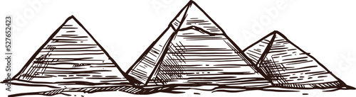 Egypt pyramids sketch, travel landmark and ancient Egyptian pharaoh temples, vector. Cairo or Giza pyramids of Ramses or Tutankhamen pharaohs, history landmark, hand drawn sketch