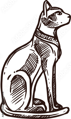 Cat sketch, Ancient Egypt sacred animal and deity god, vector icon. Ancient Egypt sacred cat deity and symbol of Mafdet, Bastet or Sekhmet and Mut goddess, hand drawn sketch