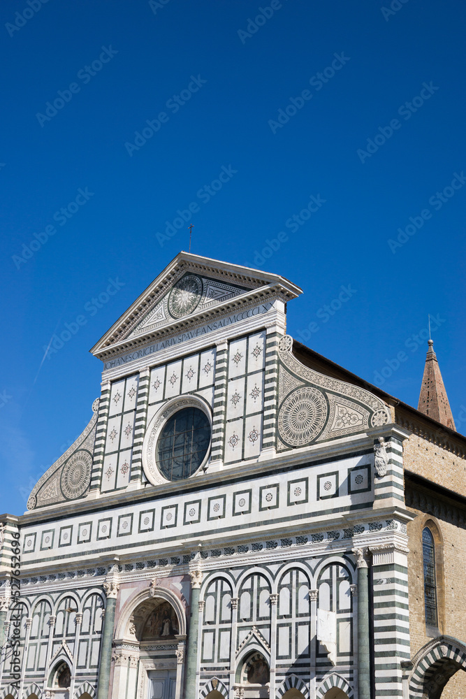 Firenze, Tuscany, Italy 08-26-2022. Details of the Santa Maria Novella church, a masterpiece of the Italian Renaissance Firenze, Tuscany, Italy 08-26-2022. Details of the Santa Maria Novella church, a masterpiece of the Italian Renaissance