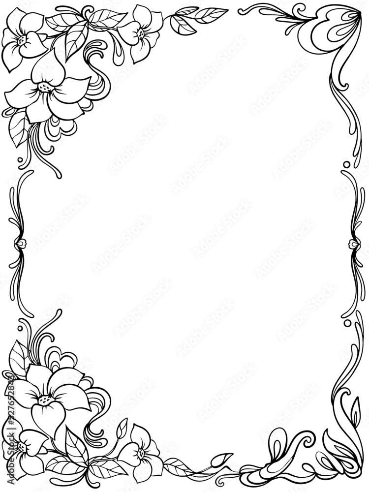 Floral graceful frame linear black and white vector drawing. For coloring books. For books.