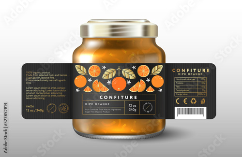Ripe orange confiture. Sweet food. Black label with whole orange, slices, cut fruits and gold leaves. Mock up of Glass Jar with Label. 