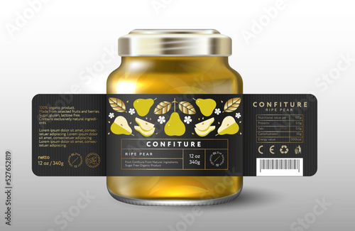 Ripe Pear confiture. Sweet food. Black label with whole pears, halves, cut fruits and gold leaves. Mock up of Glass Jar with Label. 