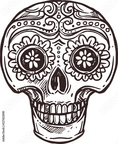 Cinco de Mayo Mexican holiday skull calavera, Mexico fiesta party symbol, vector sketch. Cinco de Mayo or 5 May fiesta party traditional calavera skull with Mexican ornament in hand drawn sketch