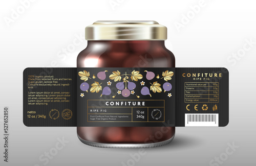 Ripe Fig confiture. Sweet food. Black label with Figs, gold leaves and small flowers. Mock up of Glass Jar with Label.