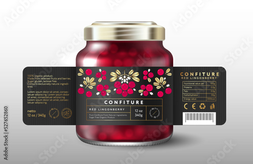 Lingonberry confiture. Sweet food. Black label with Lingonberries, gold leaves and small flowers. Mockup of Glass Jar with Label.