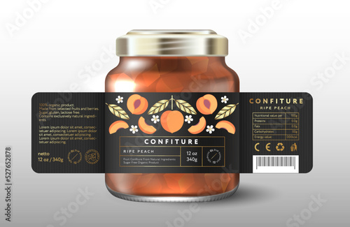Ripe Peach confiture. Sweet food. Black label with whole peaches, halves, cut fruits and gold leaves. Mock up of Glass Jar with Label. 