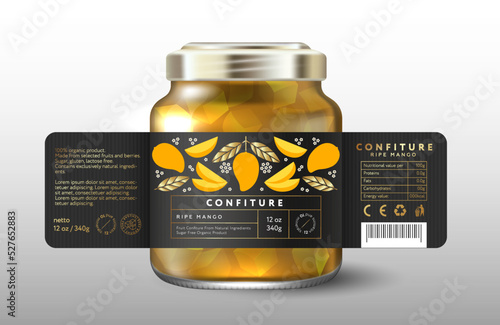 Mango confiture. Sweet food. Black label with whole mango, cut fruits and gold leaves. Mock up of Glass Jar with Label. 