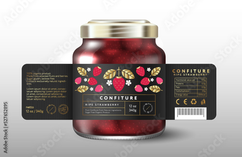 Strawberry confiture. Sweet food. Black label with red berries, gold leaves and small flowers. Mockup of Glass Jar with Label.