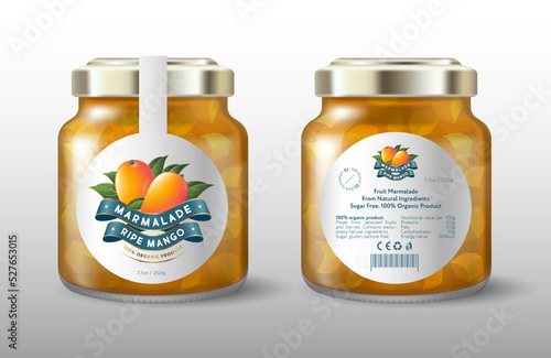 Mango marmalade. Ripe mango and silk ribbons. White round label for sweet preservation. Mock up of a glass jar with a label.